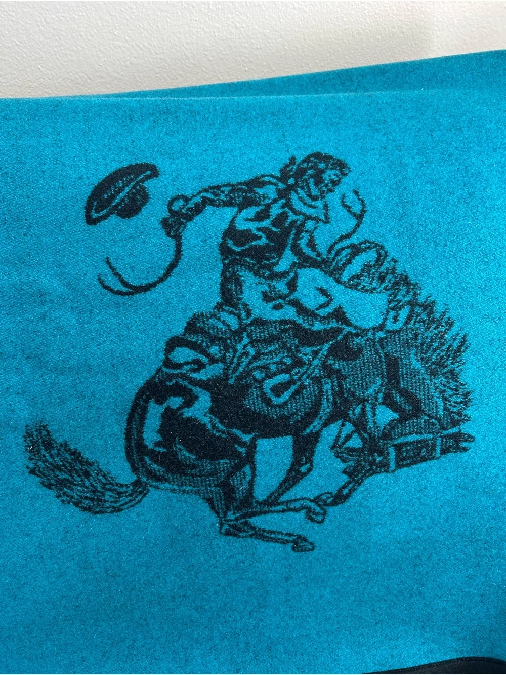 Vintage turquoise woven wool cowboy western blanket.Blue/black 90in x 60in